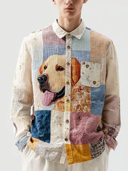 Herren Vintage Patchwork Hunde druck Kunst Freizeit hemd