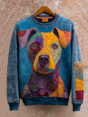 Damen Vintage Patchwork Hund Kunstdruck Casual Sweatshirt