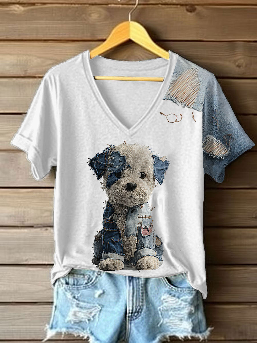 Damen-Jeans-T-Shirt mit V-Ausschnitt