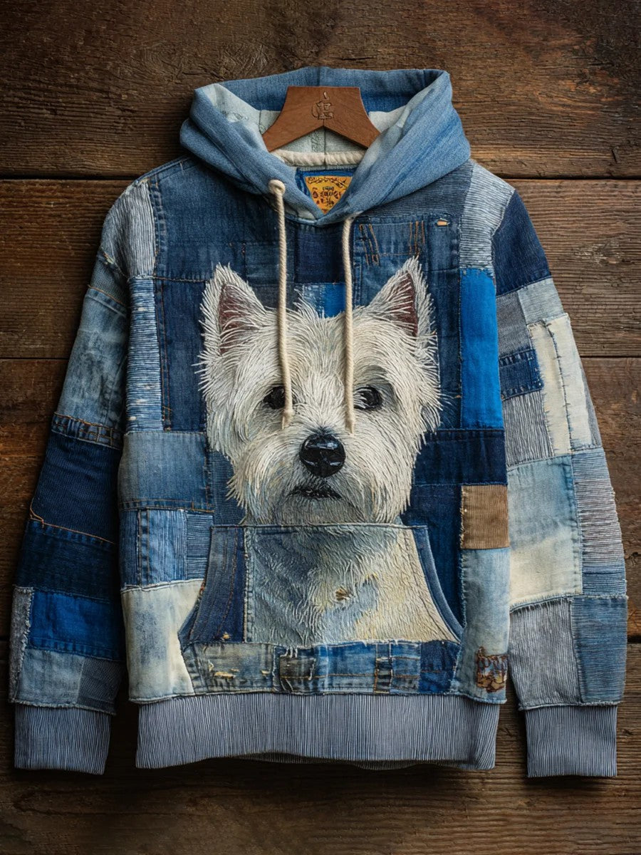 Denim Dog Print Kunst Casual Hoodie