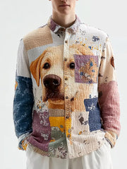 Herren Vintage Patchwork Hunde druck Kunst Freizeit hemd