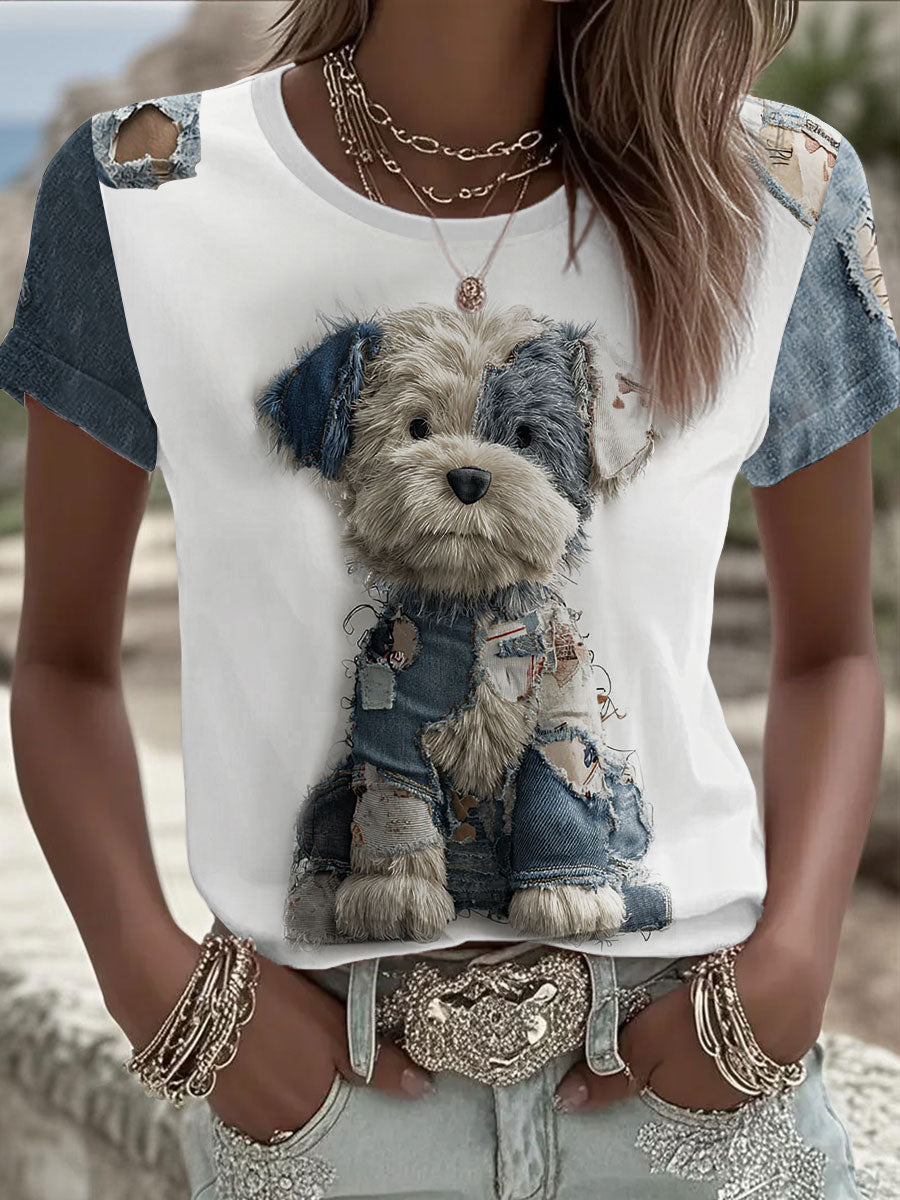 Damen-Jeans-Hund bedrucktes T-Shirt