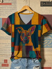 Damen-Vintage-Patchwork-Hund bedrucktes T-Shirt mit V-Ausschnitt