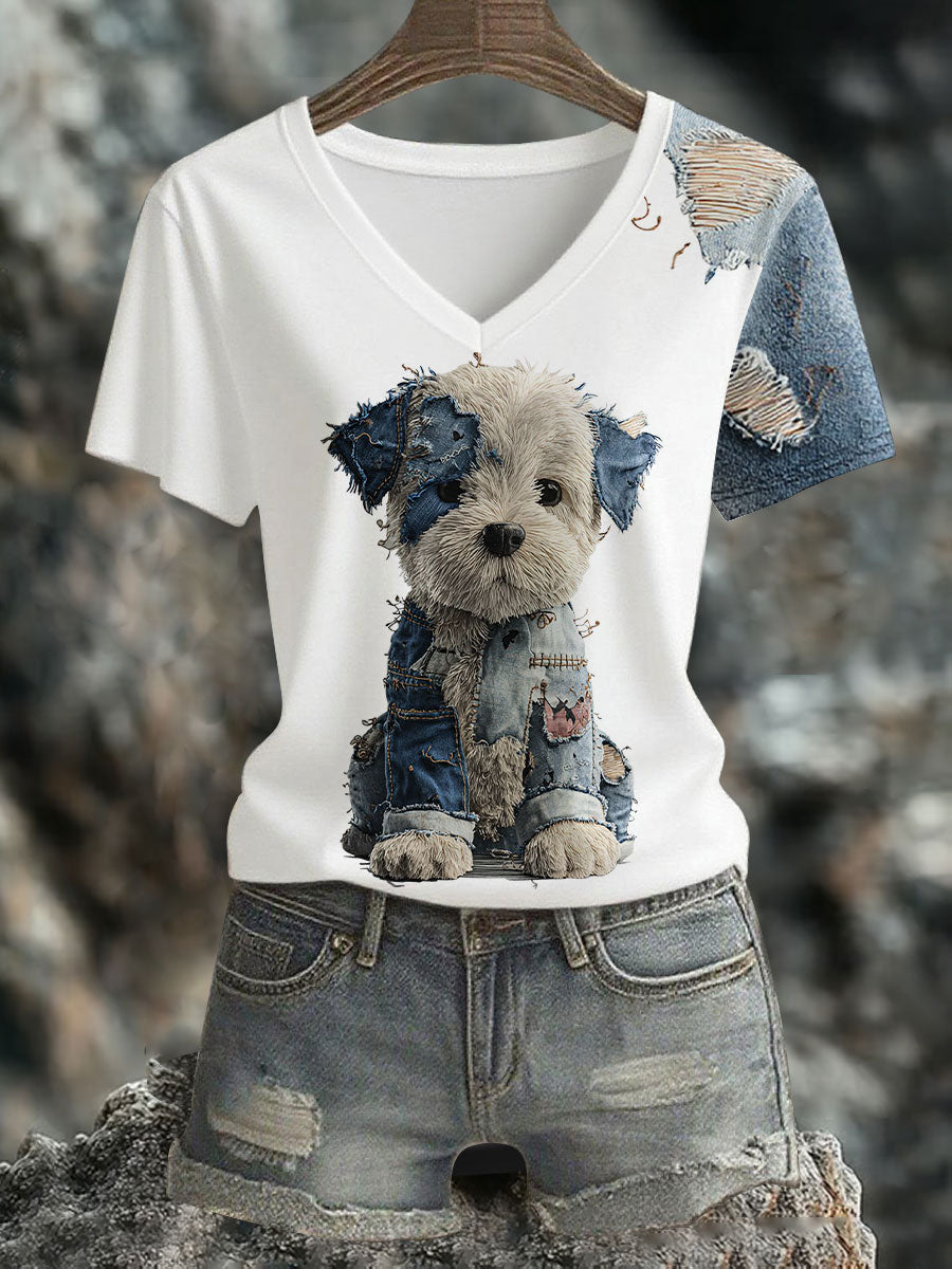 Damen-Jeans-T-Shirt mit V-Ausschnitt