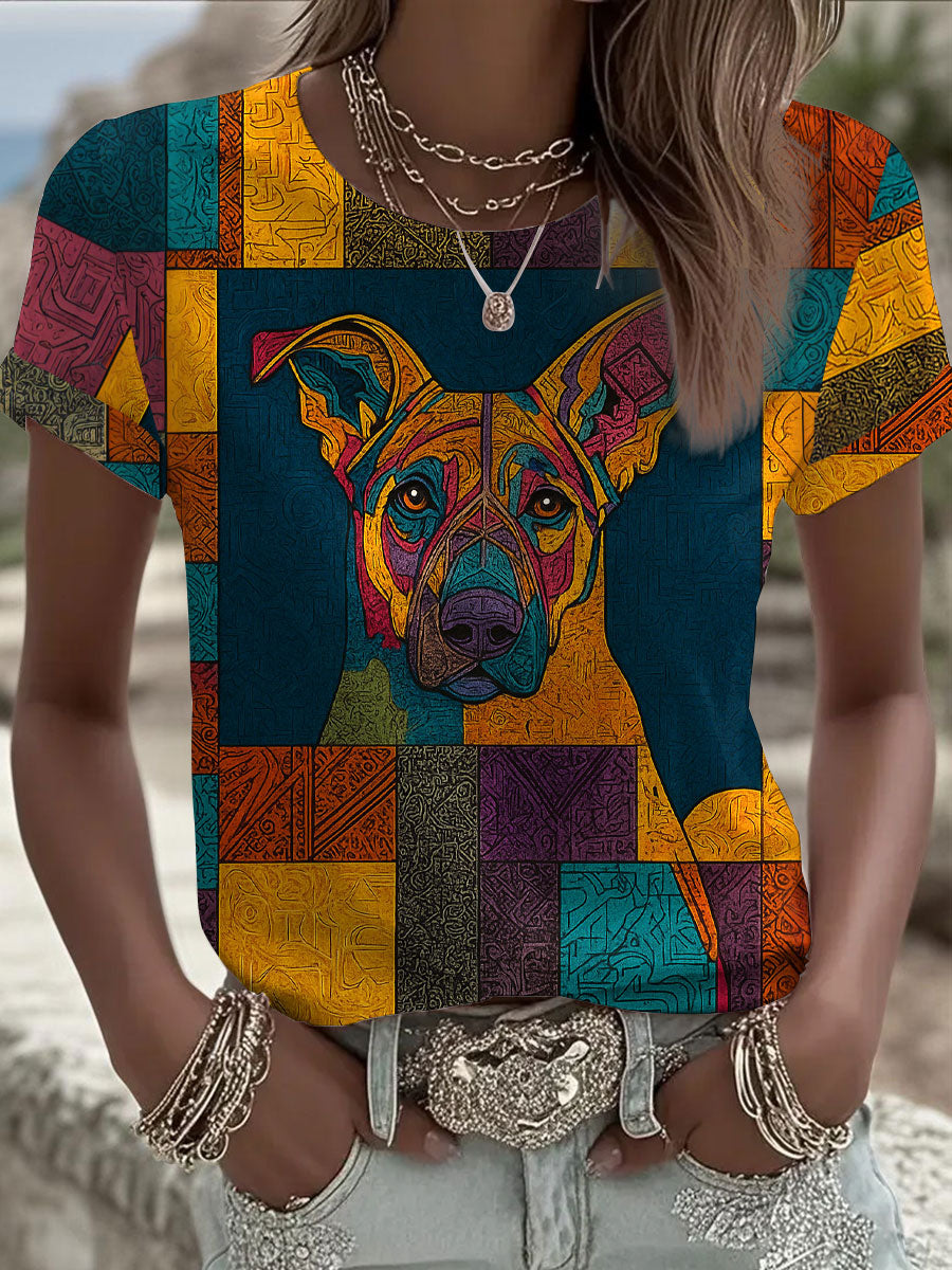 Damen Vintage Patchwork Hund bedrucktes T-Shirt