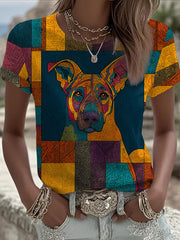Damen Vintage Patchwork Hund bedrucktes T-Shirt