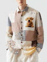Herren Vintage Patchwork Hunde druck Kunst Freizeit hemd