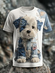 Herren-Jeans-Hunde-Print-T-Shirt