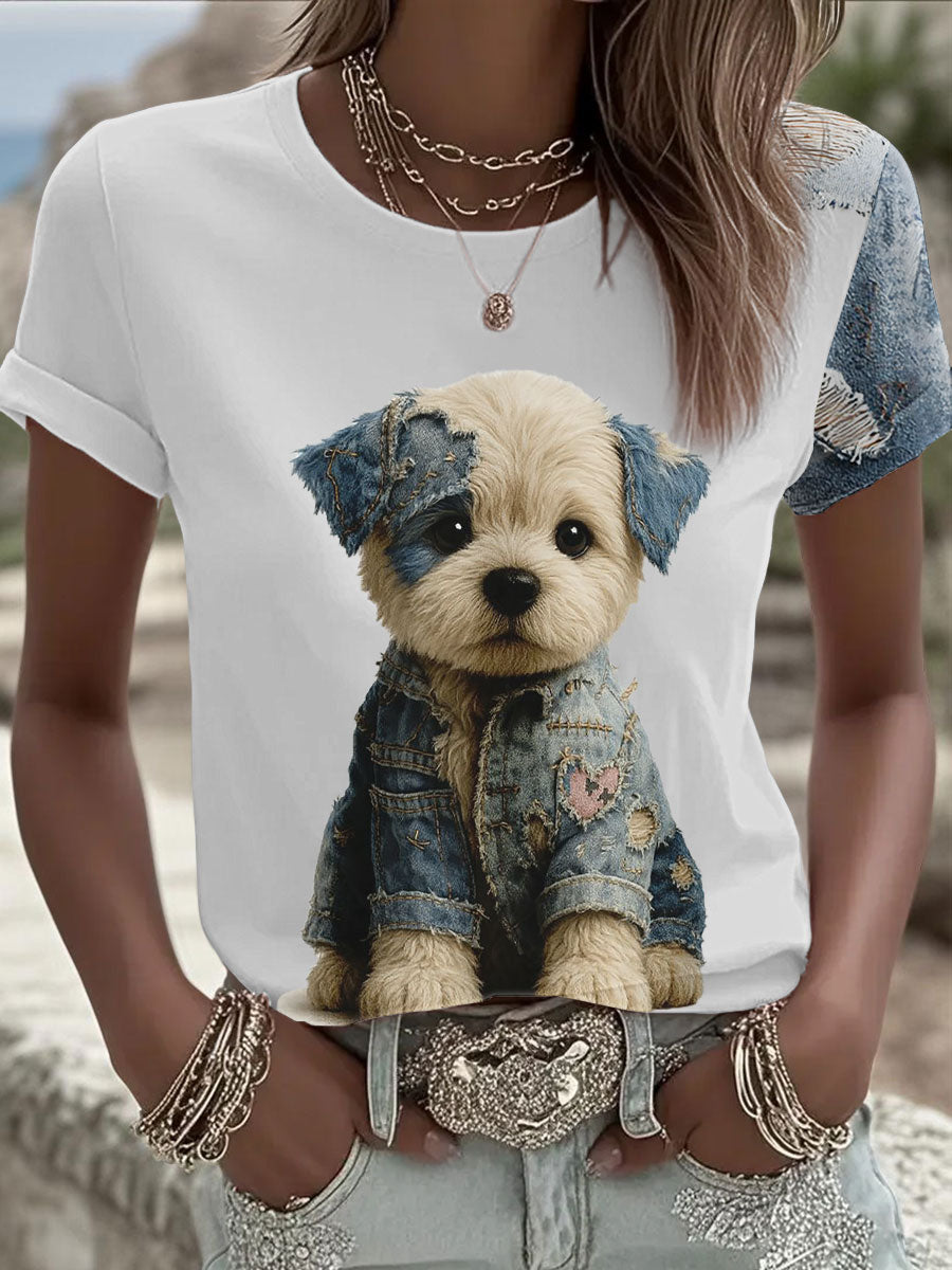 Damen-Jeans-Hund bedrucktes T-Shirt