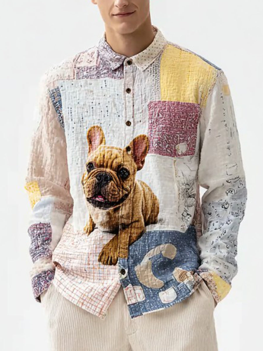 Herren Vintage Patchwork Hunde druck Kunst Freizeit hemd