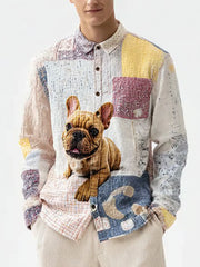 Herren Vintage Patchwork Hunde druck Kunst Freizeit hemd