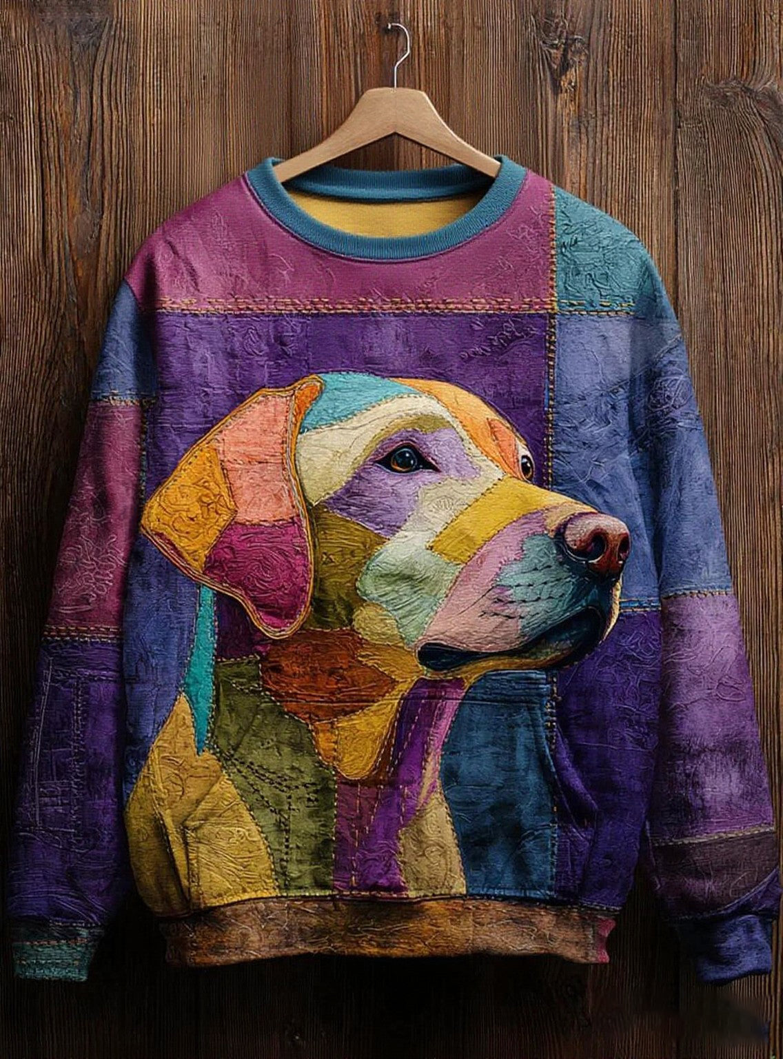Damen Vintage Patchwork Hund Kunstdruck Casual Sweatshirt