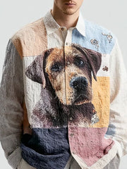 Herren Vintage Patchwork Hunde druck Kunst Freizeit hemd