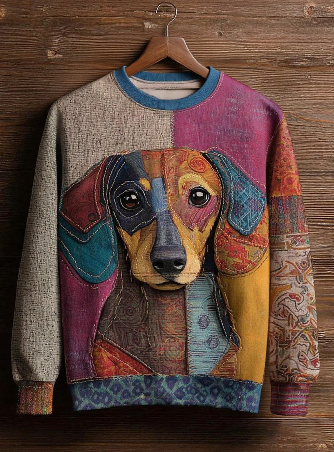 Damen Vintage Patchwork Hund Kunstdruck Casual Sweatshirt