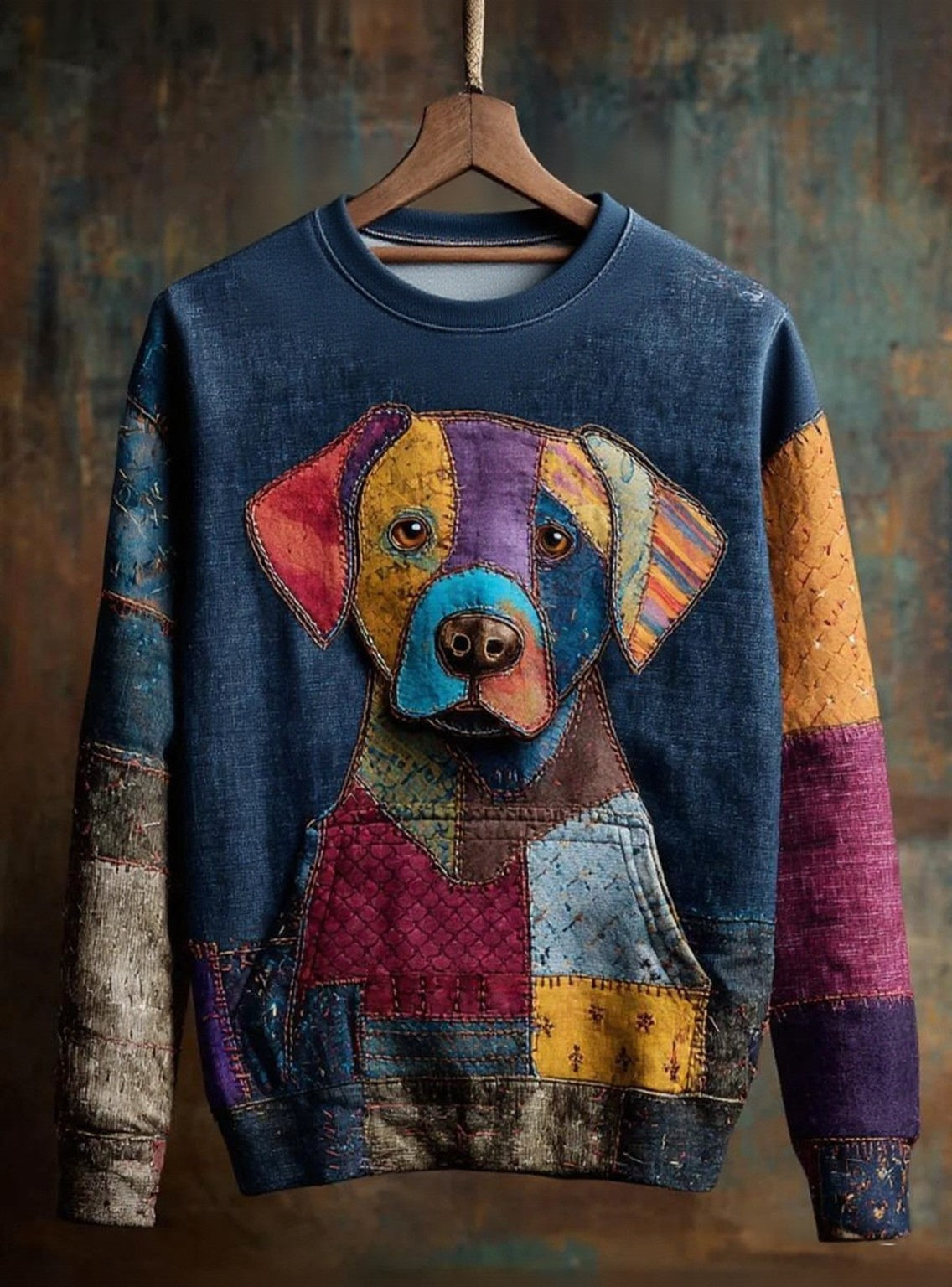 Damen Vintage Patchwork Hund Kunstdruck Casual Sweatshirt