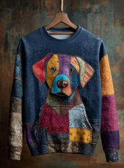 Damen Vintage Patchwork Hund Kunstdruck Casual Sweatshirt