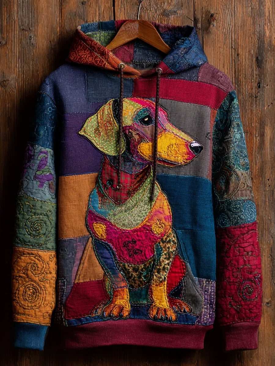 Vintage Patchwork Hunde druck Kunst Casual Hoodie