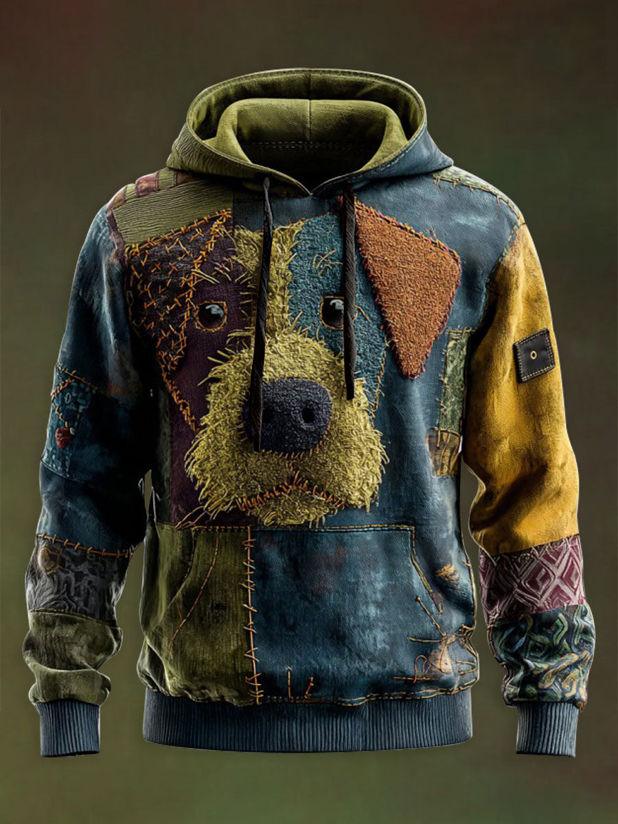 Vintage Patchwork Hunde druck Kunst Casual Hoodie