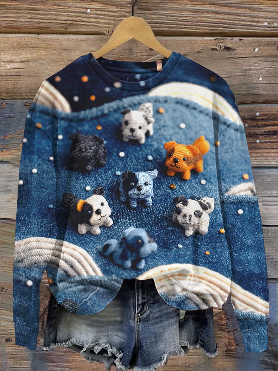 Damen-Jeans-Hunde-Print lässig Sweatshirt