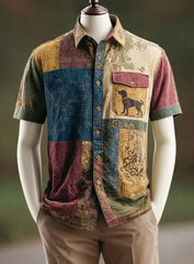 Herren Vintage Patchwork Hunde druck Kunst Freizeit hemd