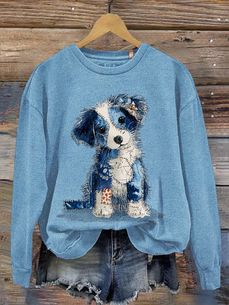 Damen-Jeans-Hunde-Print lässig Sweatshirt