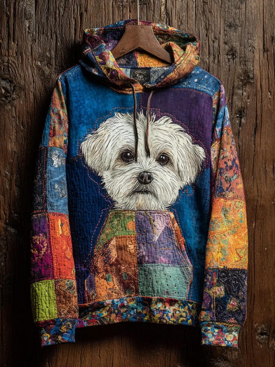 Vintage Patchwork Hunde druck Kunst Casual Hoodie