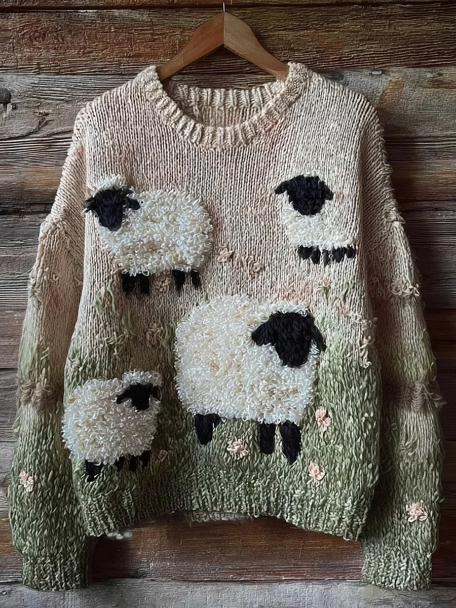Damen niedliches, fuzzy Schaf bedrucktes, gemütliches, reguläres Sweatshirt