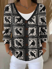 Damen Halloween Crow Print Casual Cardigan