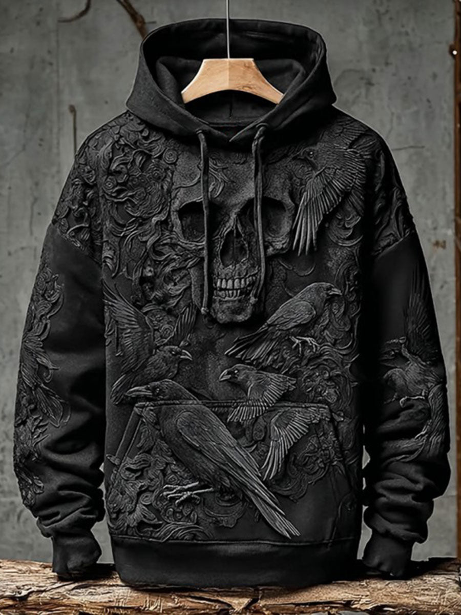 Vintage Halloween Crow Skull Print Kunst Casual Hoodie