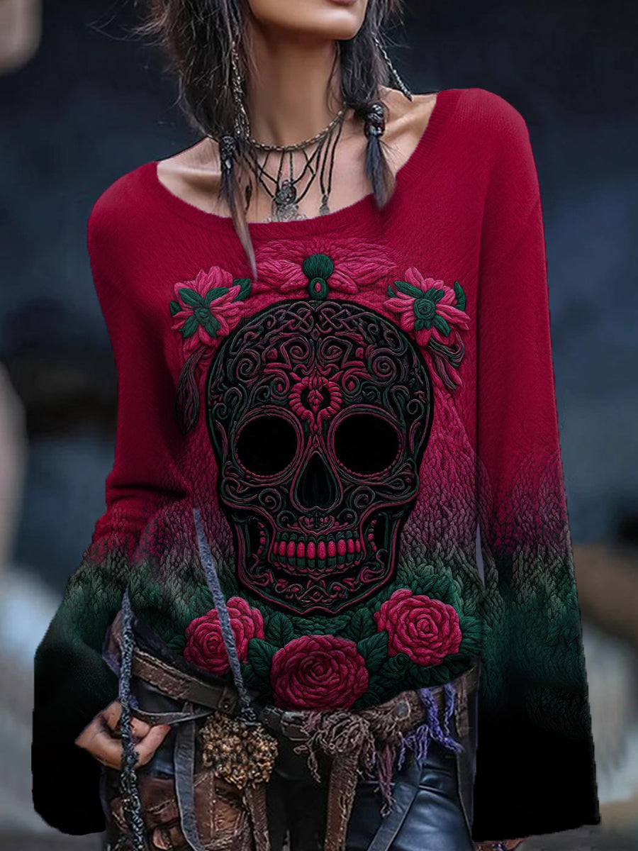 Damen Vintage Viking Tribal Keltischer Knoten Rose Skull Print Freizeit Pullover