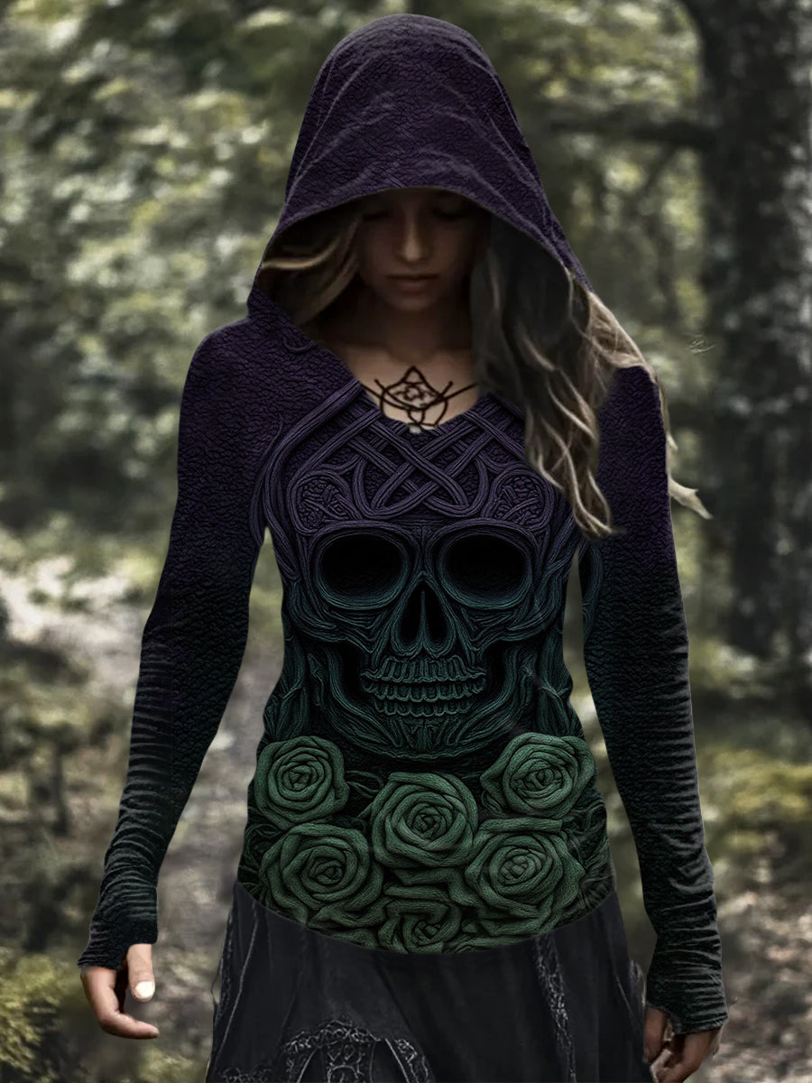 Damen Vintage Viking Tribal Keltischer Knoten Rose Skull Print Casual Hoodie