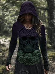 Damen Vintage Viking Tribal Keltischer Knoten Rose Skull Print Casual Hoodie