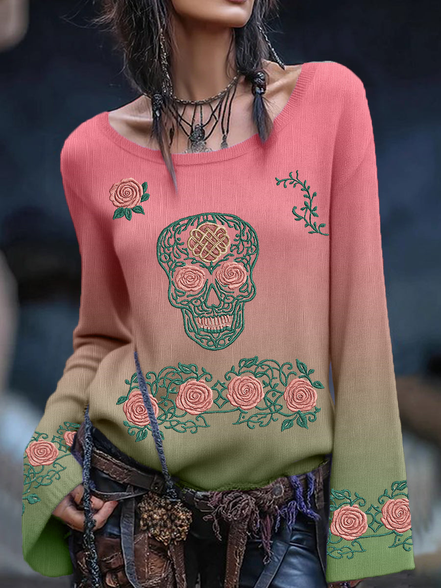 Damen Vintage Viking Tribal Keltischer Knoten Rose Skull Print Freizeit Pullover