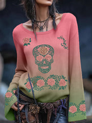 Damen Vintage Viking Tribal Keltischer Knoten Rose Skull Print Freizeit Pullover