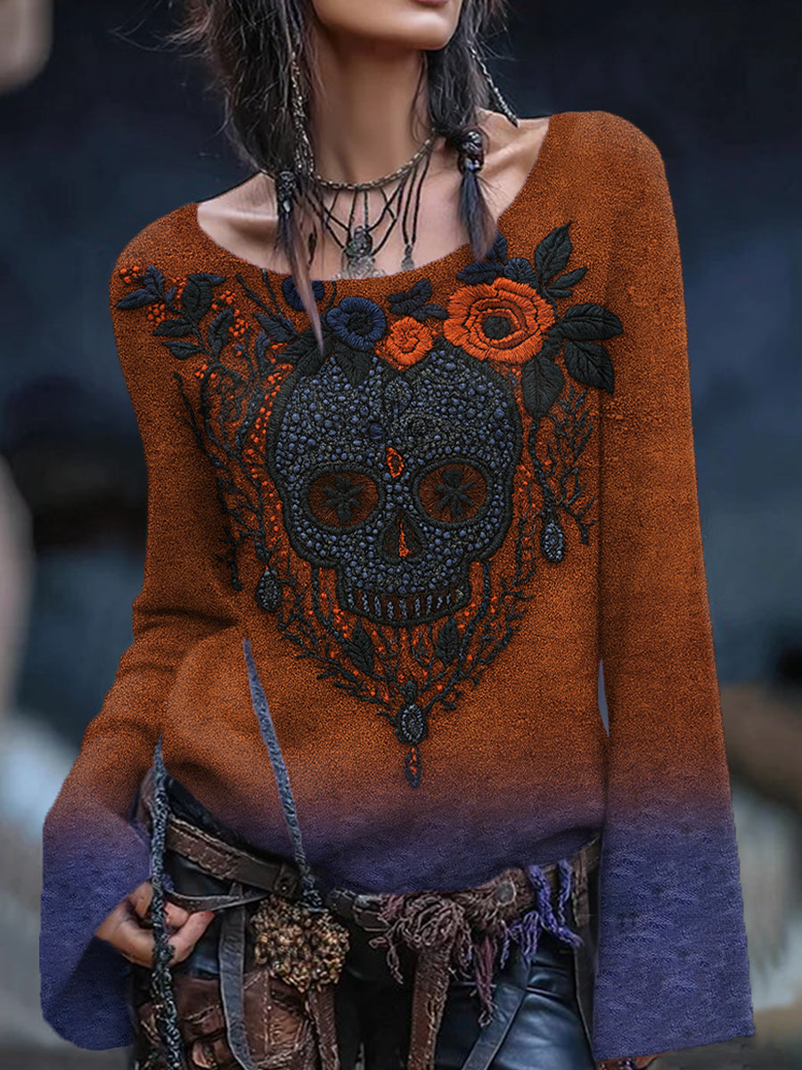 Damen Vintage Viking Tribal Keltischer Knoten Rose Skull Print Freizeit Pullover