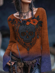 Damen Vintage Viking Tribal Keltischer Knoten Rose Skull Print Freizeit Pullover