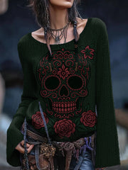 Damen Vintage Viking Tribal Keltischer Knoten Rose Skull Print Freizeit Pullover