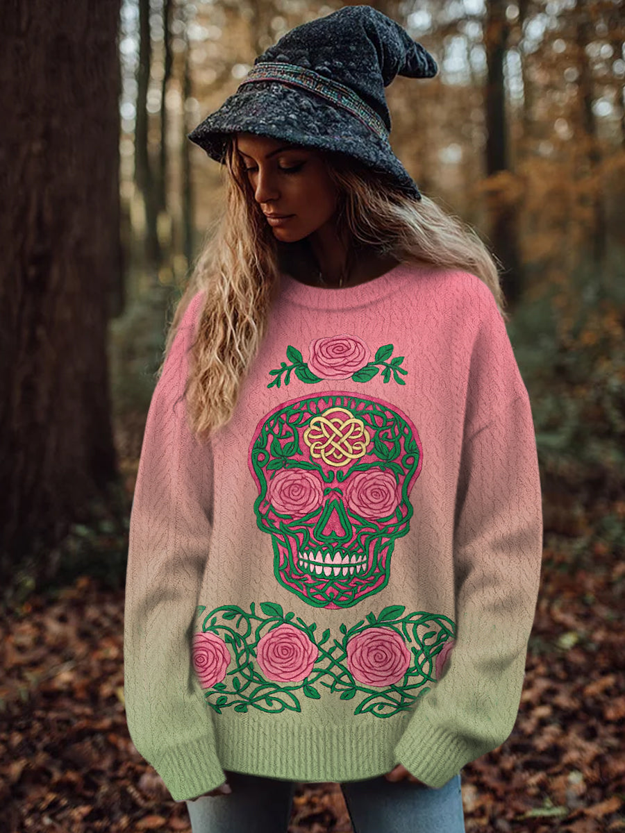 Damen Vintage Viking Tribal Keltischer Knoten Rose Skull Print Freizeit Pullover