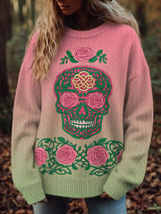 Damen Vintage Viking Tribal Keltischer Knoten Rose Skull Print Freizeit Pullover