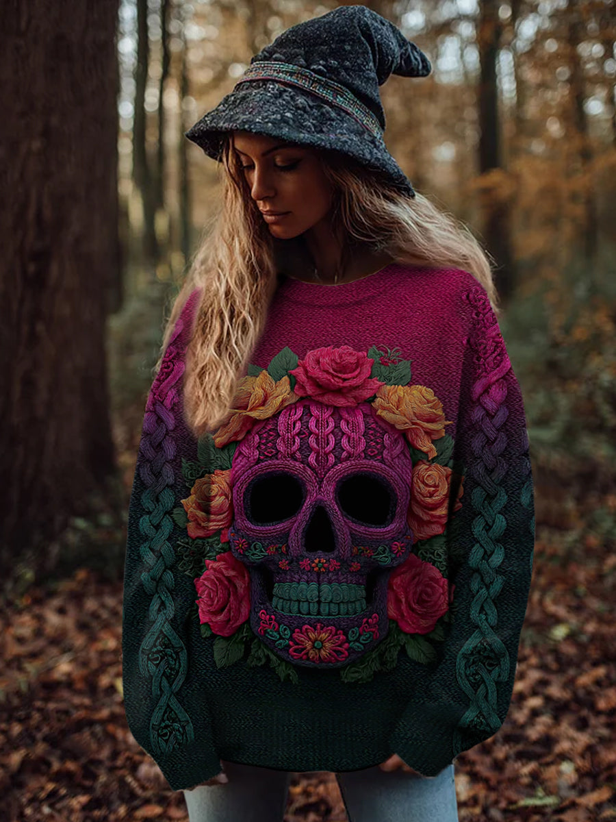Damen Vintage Viking Tribal Keltischer Knoten Rose Skull Print Freizeit Pullover