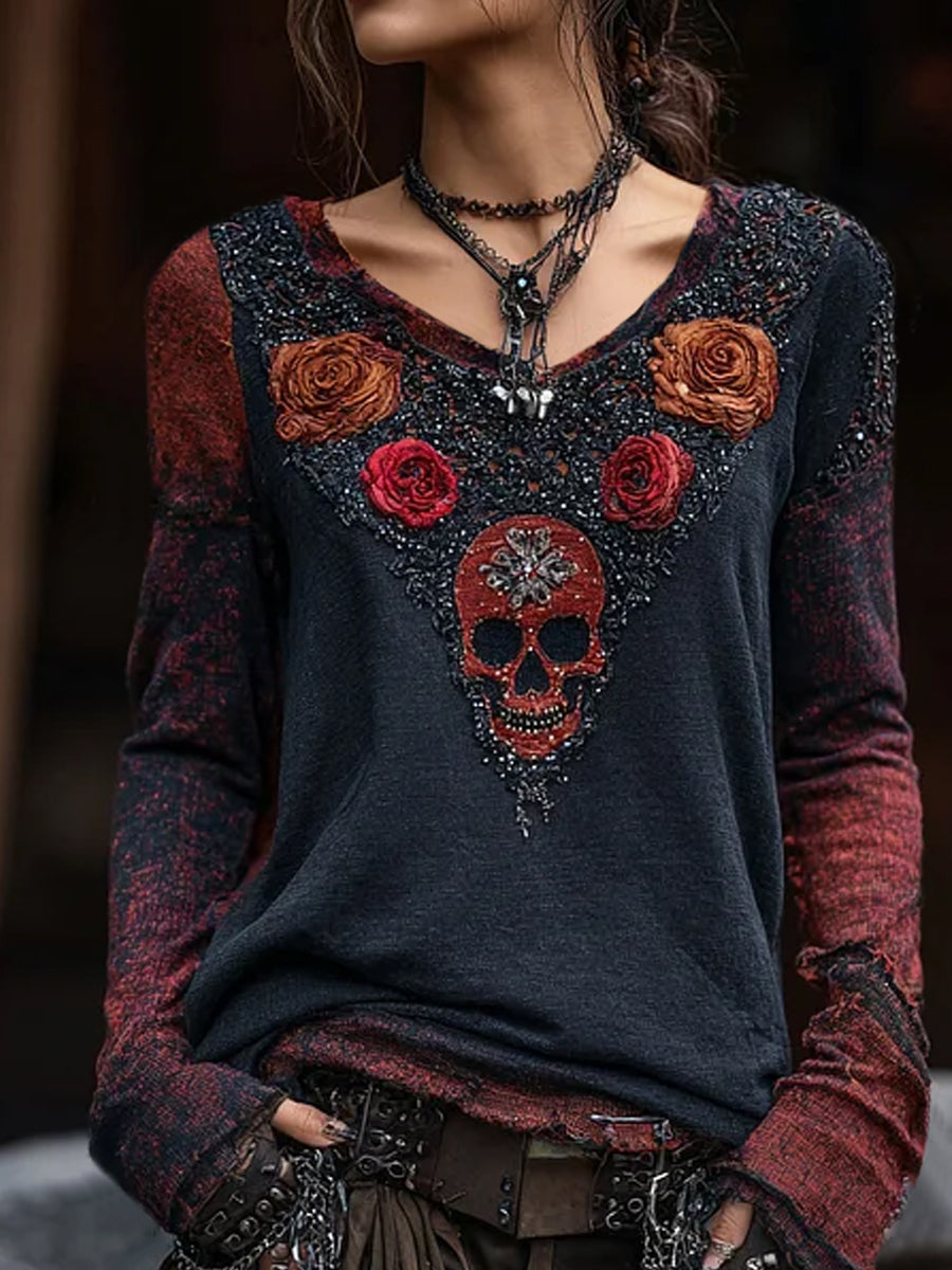 Damen Vintage Rose Skull Heißer Diamant V-Ausschnitt Langarm T-Shirt