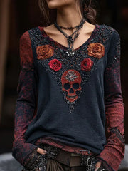 Damen Vintage Rose Skull Heißer Diamant V-Ausschnitt Langarm T-Shirt