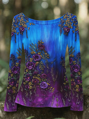 Women's Retro 3D Floral Embroidery Gradient Pattern Round Neck Long Sleeve T-shirt