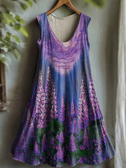 Women's Purple Flora Art Print V-neck Dress