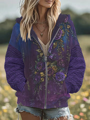 Women's Retro 3D Floral Embroidery Gradient Pattern Hooded Zipper Oversized Cardigan
