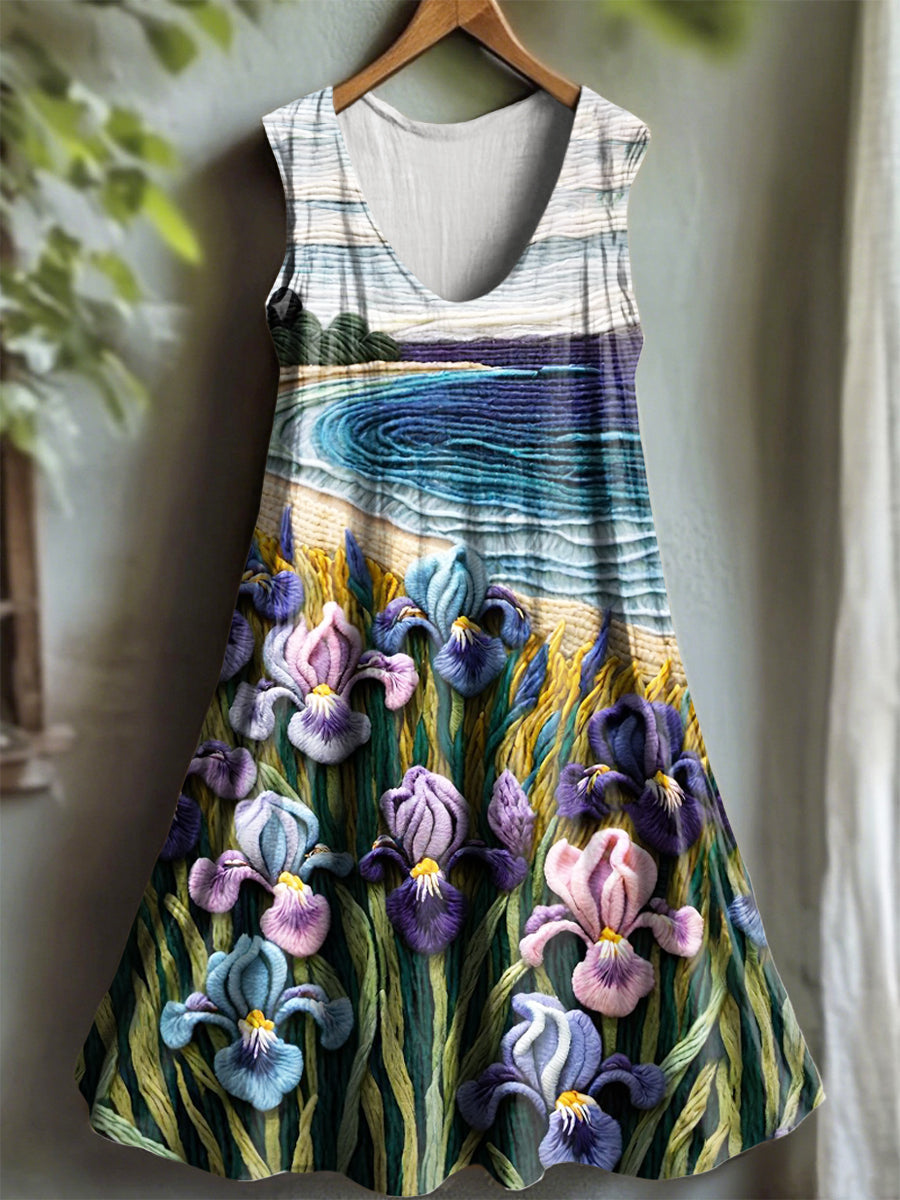Women's Purple Flora Art Print V-neck Dress