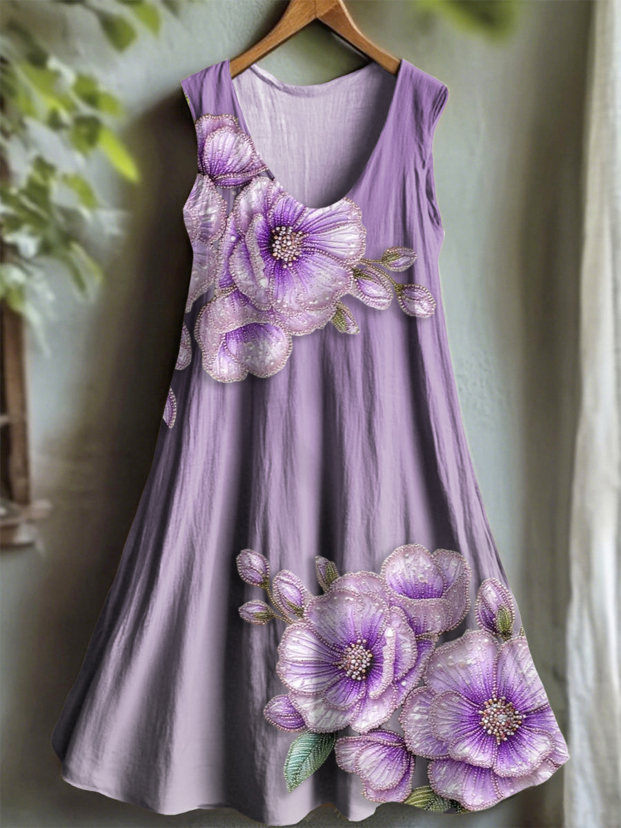 Women's Purple Flora Art Print V-neck Dress
