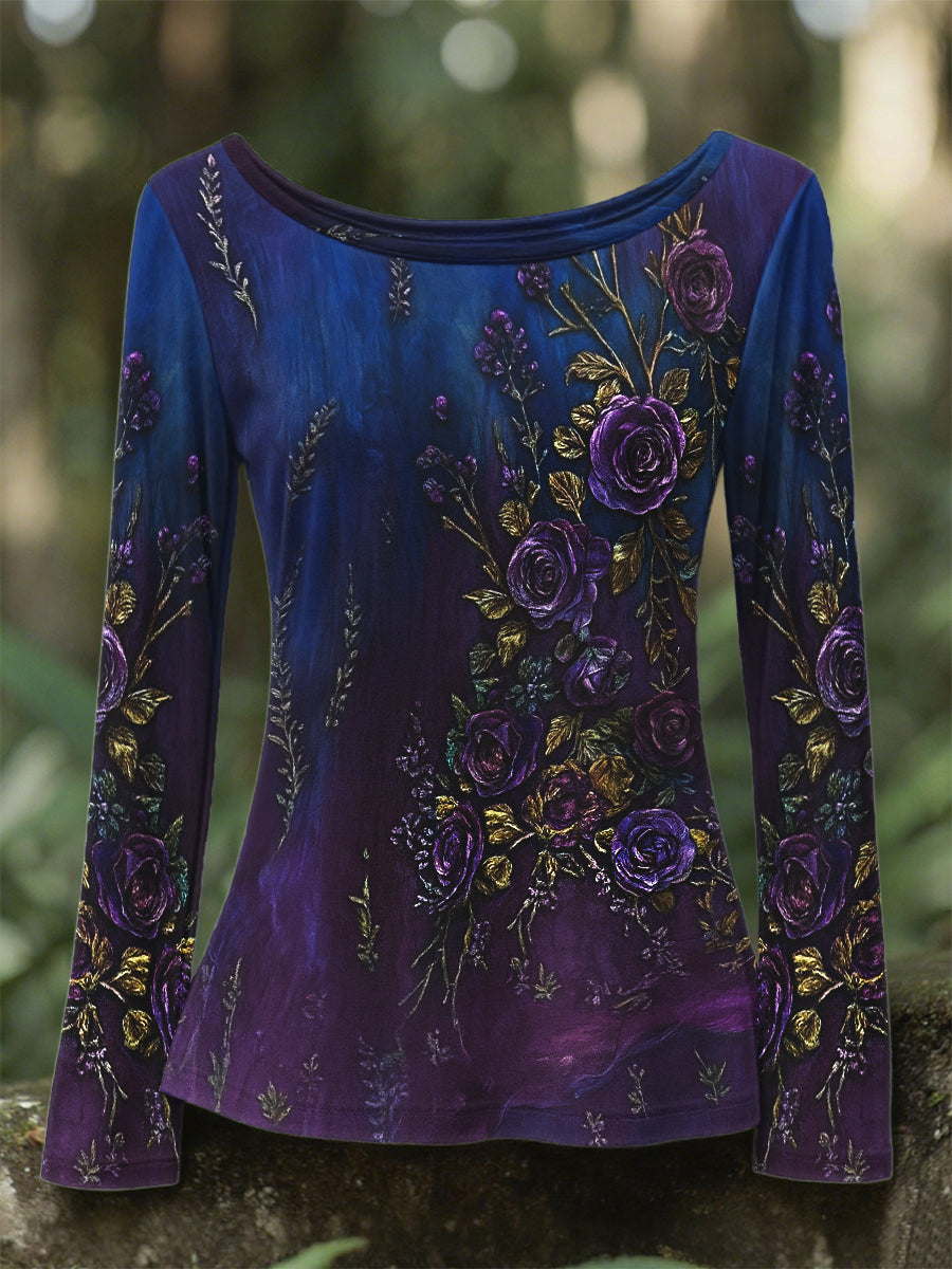 Women's Retro 3D Floral Embroidery Gradient Pattern Round Neck Long Sleeve T-shirt