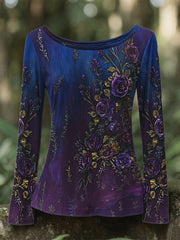 Women's Retro 3D Floral Embroidery Gradient Pattern Round Neck Long Sleeve T-shirt