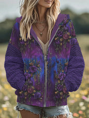 Women's Retro 3D Floral Embroidery Gradient Pattern Hooded Zipper Oversized Cardigan